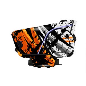 May include: A black and orange communication device with a white and gray design. The device has a curved shape with a circular component and a light blue accent. The design features a splatter effect.