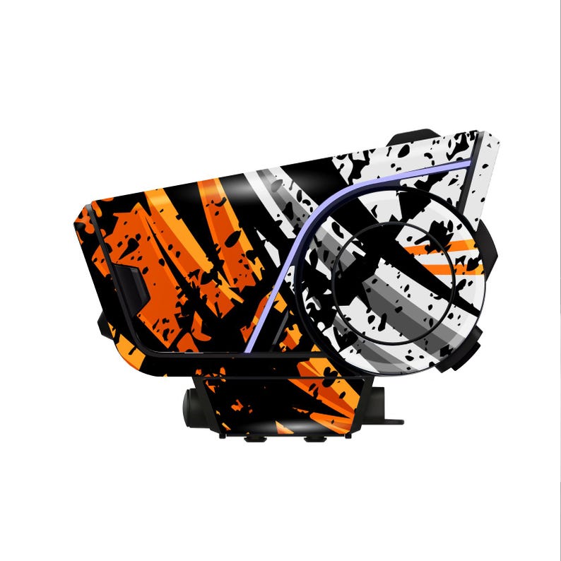 May include: A black and orange communication device with a white and gray design. The device has a curved shape with a circular component and a light blue accent. The design features a splatter effect.