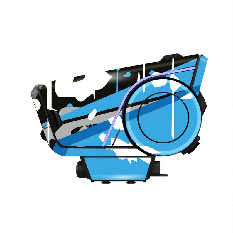 Pu&ograve; includere: Illustrazione astratta di un oggetto blu e nero con un elemento circolare. Il design incorpora accenti bianchi, grigi e viola, creando un'estetica moderna e geometrica. L'oggetto sembra essere un dispositivo o un componente futuristico.