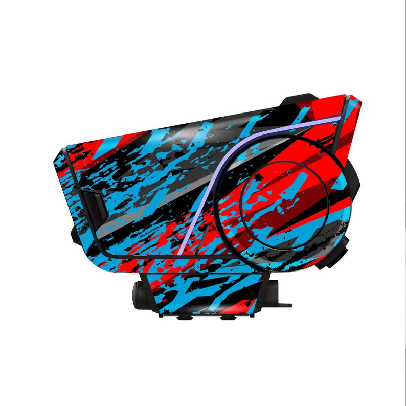 May include: A black and red device with a blue and gray splatter design. The device has a curved shape with a circular element on the side and a small rectangular component at the bottom. A thin, curved, purple line accents the design.