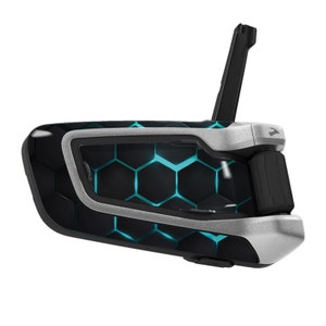 May include: A black and silver motorcycle helmet communication system with a blue and black honeycomb pattern. The system has a boom microphone and a speaker.