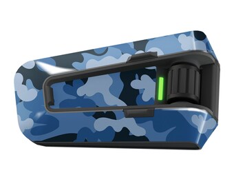 May include: A blue and black camouflage patterned Bluetooth headset with a green light indicator.