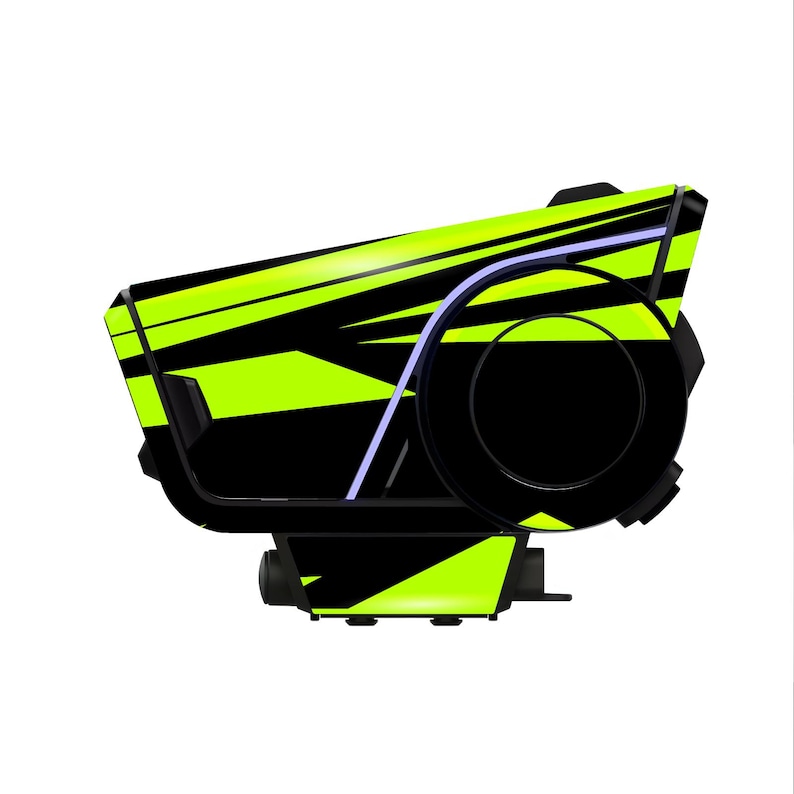 May include: A black and neon green device with a geometric design. The device has a large circular component and a smaller rectangular base. The neon green sections feature black angled stripes. The device is set against a white background.