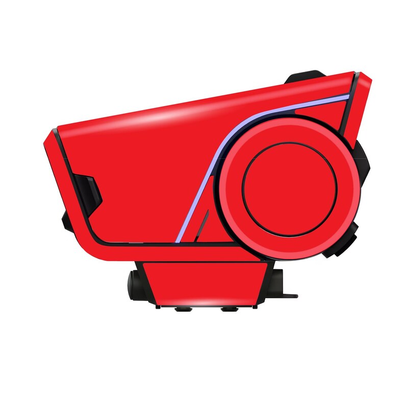 May include: A red electronic device with a circular design element and a rectangular body. The device has black accents and a light blue stripe. The overall shape is angular and modern, with a glossy finish.