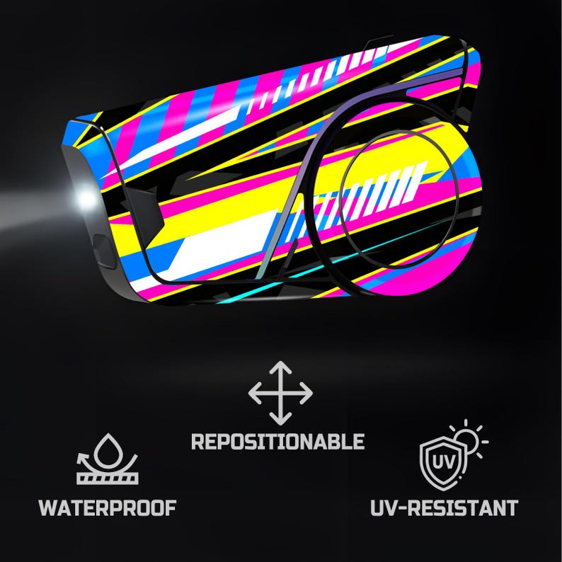 May include: A black and neon-colored device with a bright light. The device has a geometric pattern in pink, blue, yellow, and white. The text on the image says "Waterproof", "Repositionable", and "UV-Resistant".