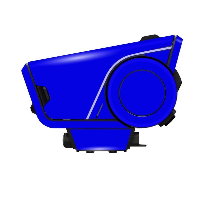 May include: A blue, futuristic-looking device with a rounded circular component and a sleek, angular design. The device has black accents and a white stripe detail. The overall shape suggests a technological or electronic product.