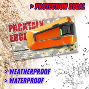 May include: Orange and gray weatherproof intercom with the text "PACKTALK EDGE" and "Protection Decal" on a camouflage background. Installation instructions are visible below the intercom.