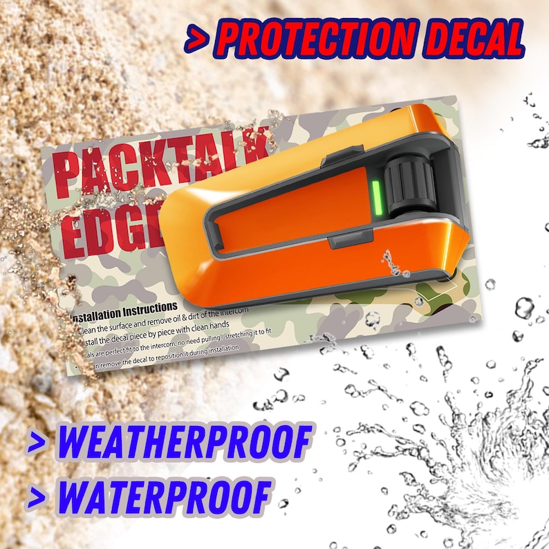 May include: Orange and gray weatherproof intercom with the text "PACKTALK EDGE" and "Protection Decal" on a camouflage background. Installation instructions are visible below the intercom.