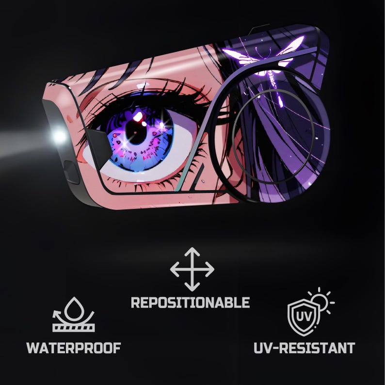 May include: A black and silver device with a stylized anime eye design. The eye is pink, purple, and blue. The device has a light on the left side and the words "WATERPROOF", "REPOSITIONABLE", and "UV-RESISTANT" are displayed.