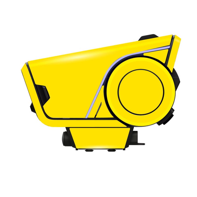 May include: A bright yellow, futuristic-looking device with a rounded circular element on the right side. The device has black accents and a sleek, angular design. The overall shape suggests a technological or electronic product.