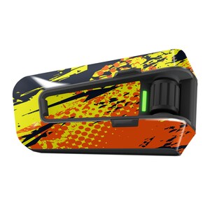 May include: A black motorcycle communication device with a yellow, orange, and black abstract design.