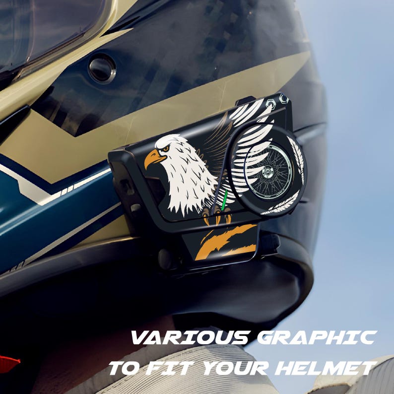 May include: A black motorcycle helmet with a graphic of a bald eagle and a wheel design. The text "VARIOUS GRAPHIC TO FIT YOUR HELMET" is visible at the bottom of the image. The helmet is black, gold, and blue.