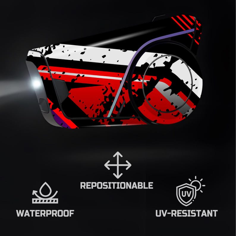 May include: A black and red patterned device with a white accent, featuring a bright light on the front. The design includes red stripes and splattered patterns. The image also shows the words "Waterproof", "Repositionable", and "UV-Resistant".
