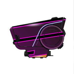 May include: A futuristic device with a purple and black color scheme, accented by pink and white lines. The design includes a circular element and a rectangular base, suggesting a technological or sci-fi theme.