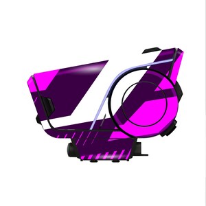 May include: A futuristic-looking device with a purple and pink geometric design. The device has a circular component and a rectangular body with black accents. The overall design suggests a high-tech or gaming-related product.