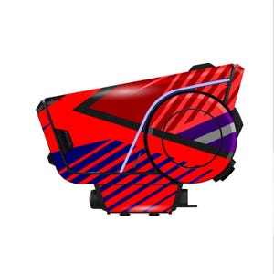 May include: A red and blue patterned device with a circular design element. The device has a glossy finish and a futuristic aesthetic. The design incorporates diagonal blue stripes and black geometric shapes against a red background.