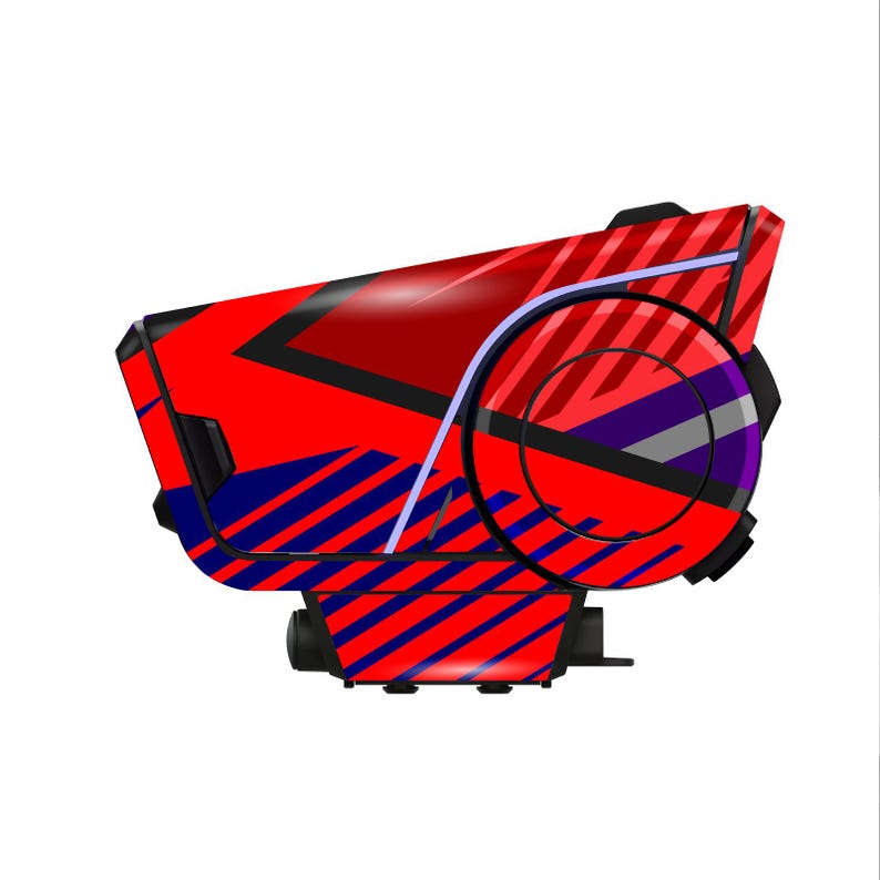 May include: A red and blue patterned device with a circular design element. The device has a glossy finish and a futuristic aesthetic. The design incorporates diagonal blue stripes and black geometric shapes against a red background.
