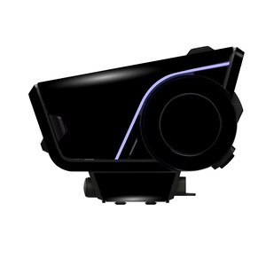 May include: A black electronic device with a rounded, circular component and a curved, angular body. A thin, light blue accent line runs along the top edge. The device has a glossy finish and is set against a white background.
