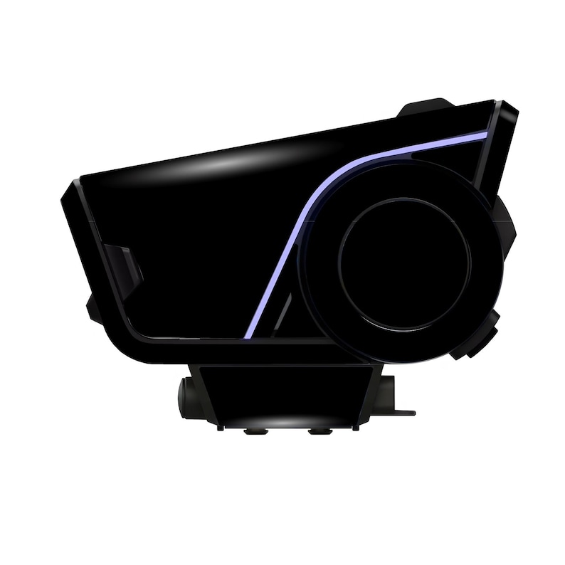 May include: A black electronic device with a rounded, circular component and a curved, angular body. A thin, light blue accent line runs along the top edge. The device has a glossy finish and is set against a white background.