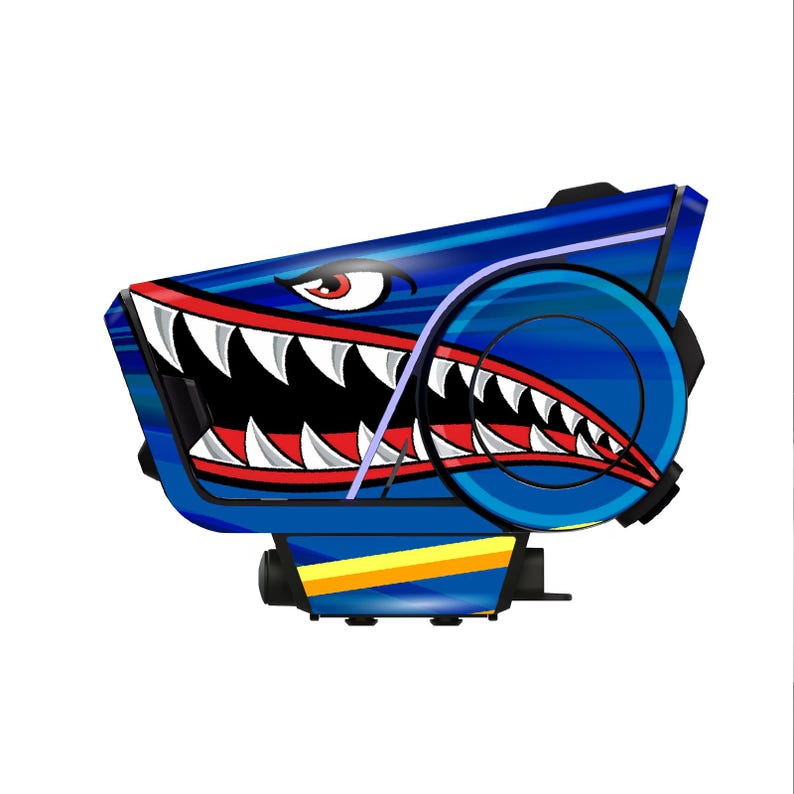 May include: A blue and black device with a shark mouth design. The shark mouth is white with red accents and sharp teeth. The device has a yellow and orange stripe on the bottom.