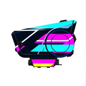 Pu&ograve; includere: Un dispositivo futuristico angolare, con una base nera, adornato con vivaci motivi geometrici ciano, magenta e bianchi. Un grande elemento circolare con colori simili &egrave; sul lato. Il dispositivo ha un design elegante e moderno.