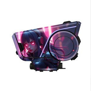 May include: A gaming headset featuring a vibrant anime-style illustration of a woman with pink eyes and headphones. The design incorporates a futuristic aesthetic with pink and purple neon lighting, creating a dynamic and eye-catching visual.