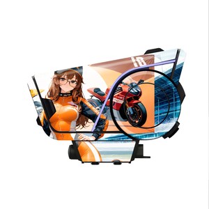 May include: A decorative motorcycle-themed design featuring an anime-style character in an orange racing suit, glasses, and a motorcycle. The design incorporates a red motorcycle and a blue and white background.