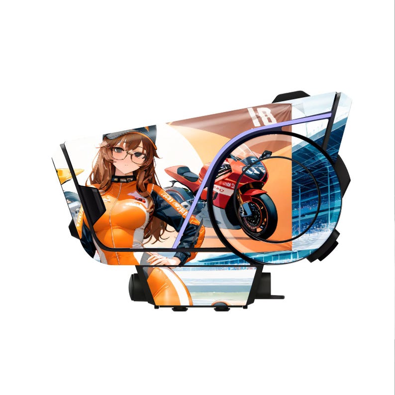 May include: A decorative motorcycle-themed design featuring an anime-style character in an orange racing suit, glasses, and a motorcycle. The design incorporates a red motorcycle and a blue and white background.