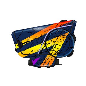May include: A blue and black optic sight with a colorful design. The sight features yellow, orange, and purple stripes. The sight has a circular lens and a rectangular body.