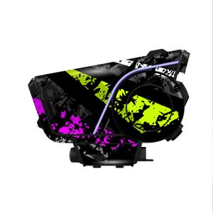 May include: A black and gray device with a neon green and magenta splatter design. The device has a curved shape with a circular component on the right side and a rectangular base. A thin, light purple line accents the design.