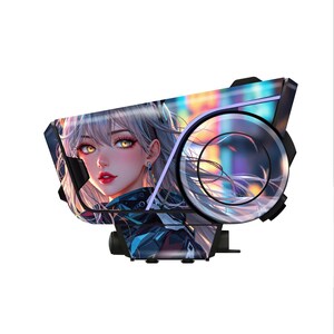 May include: A black and silver headset featuring a colorful anime-style illustration of a woman with silver hair and yellow eyes. The headset has a circular earcup design with a gradient of colors.