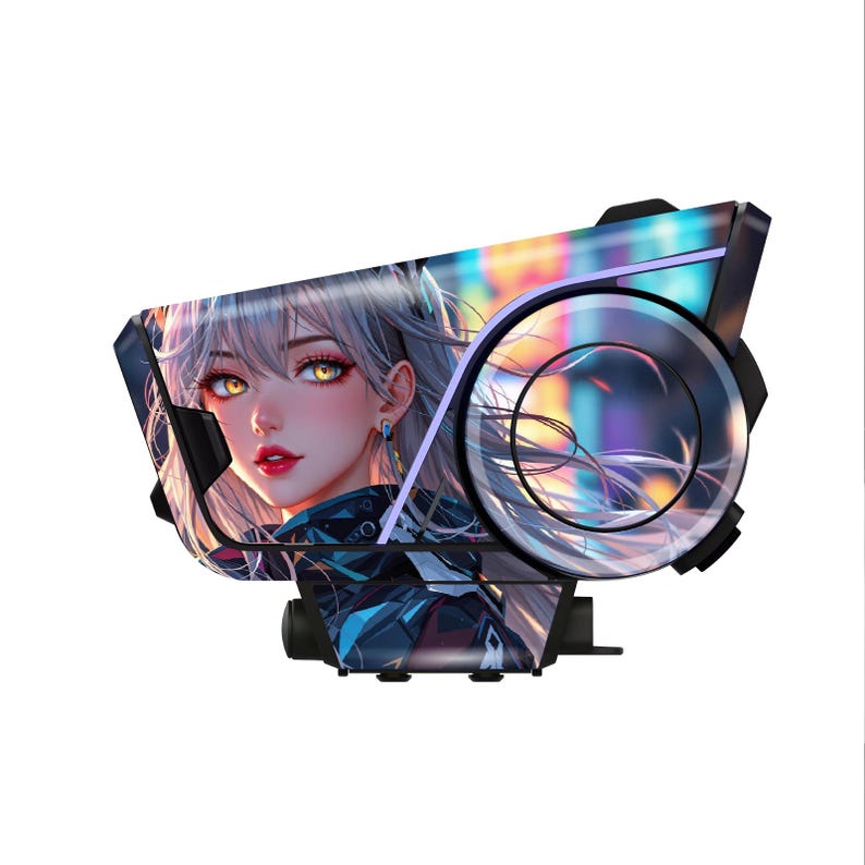 May include: A black and silver headset featuring a colorful anime-style illustration of a woman with silver hair and yellow eyes. The headset has a circular earcup design with a gradient of colors.