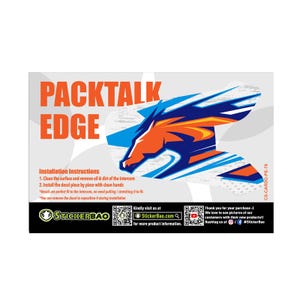 May include: A white, blue, and orange graphic decal with a horse head design. The decal is labeled "Packtalk Edge" and includes installation instructions. The decal is for a motorcycle intercom.