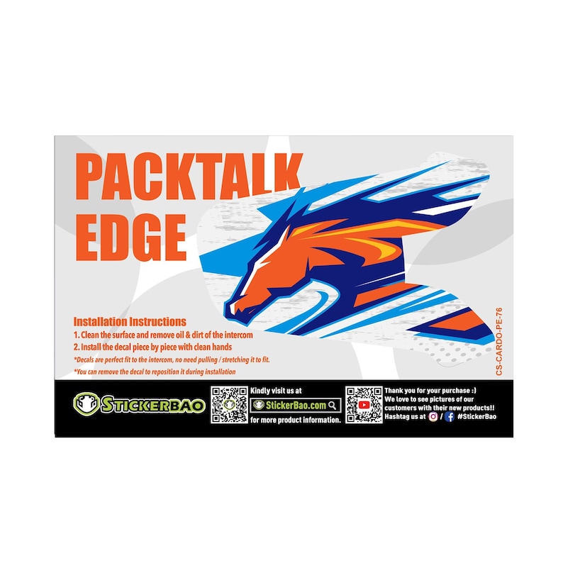 May include: A white, blue, and orange graphic decal with a horse head design. The decal is labeled "Packtalk Edge" and includes installation instructions. The decal is for a motorcycle intercom.