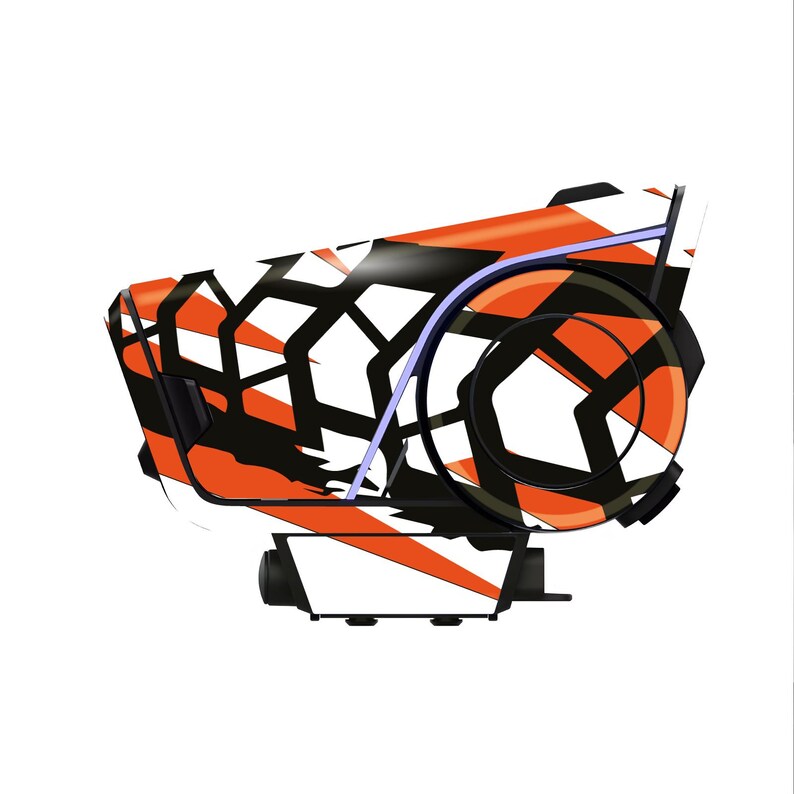 Pu&ograve; includere: Dispositivo con un motivo geometrico arancione, nero e bianco. Il design include una sezione curva e un elemento circolare. Il dispositivo ha una base rettangolare ed &egrave; posto su uno sfondo bianco. Il motivo presenta forme geometriche.