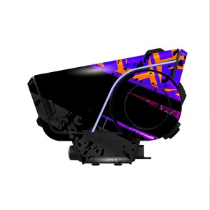 Pu&ograve; includere: Un dispositivo elettronico nero con un motivo geometrico viola e arancione sulla parte superiore. Il dispositivo ha un componente circolare e una base rettangolare. Disegni simili a spruzzi sono sulla base.