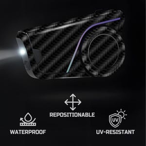 May include: A black device with a carbon fiber texture, featuring a bright light on one end and a circular design on the other. The image includes the words "WATERPROOF", "REPOSITIONABLE", and "UV-RESISTANT".