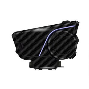 May include: A black device with a carbon fiber pattern and a curved, light blue accent line. The device has a circular component and a rectangular body, with a small projection at the bottom. The overall design is sleek and modern.