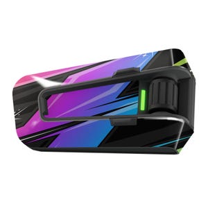 May include: A black and blue motorcycle helmet communication system with a colorful abstract design. The device has a green light indicator and a volume control knob.