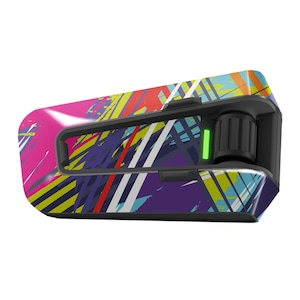 May include: A black and colorful motorcycle helmet communication device with a bright green light on the side.