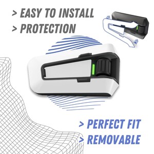 May include: White and black motorcycle helmet mount with a green light. The mount is designed to be easy to install and remove. It is also designed to protect your helmet.