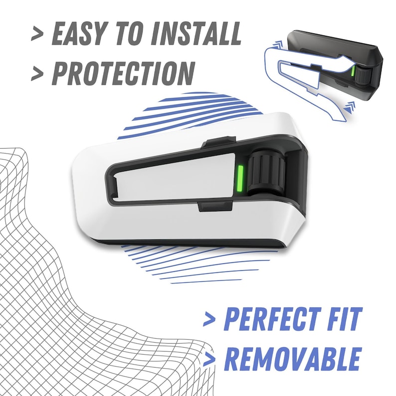 May include: White and black motorcycle helmet mount with a green light. The mount is designed to be easy to install and remove. It is also designed to protect your helmet.