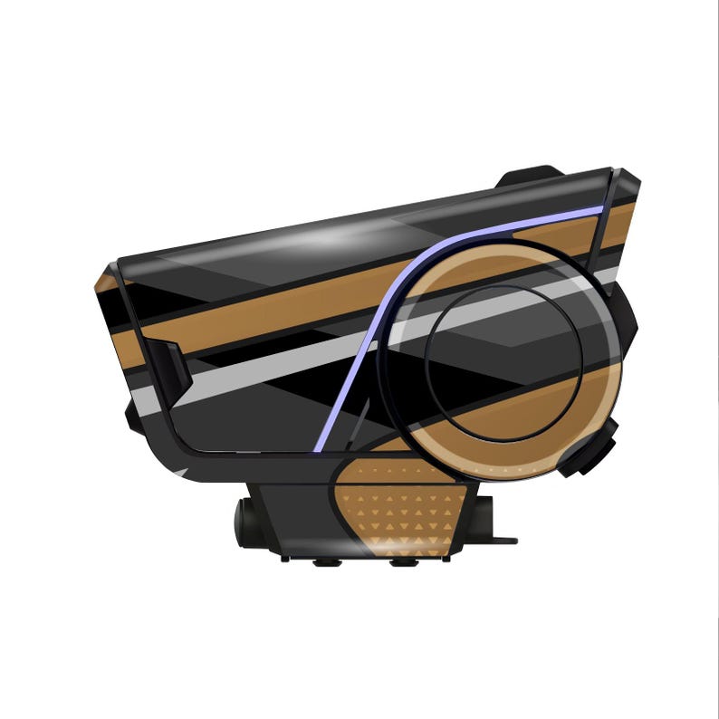 May include: A futuristic device with a black, gold, and gray geometric design. The device has a circular component with a gold and black pattern and a light blue accent. The overall shape is angular and modern.
