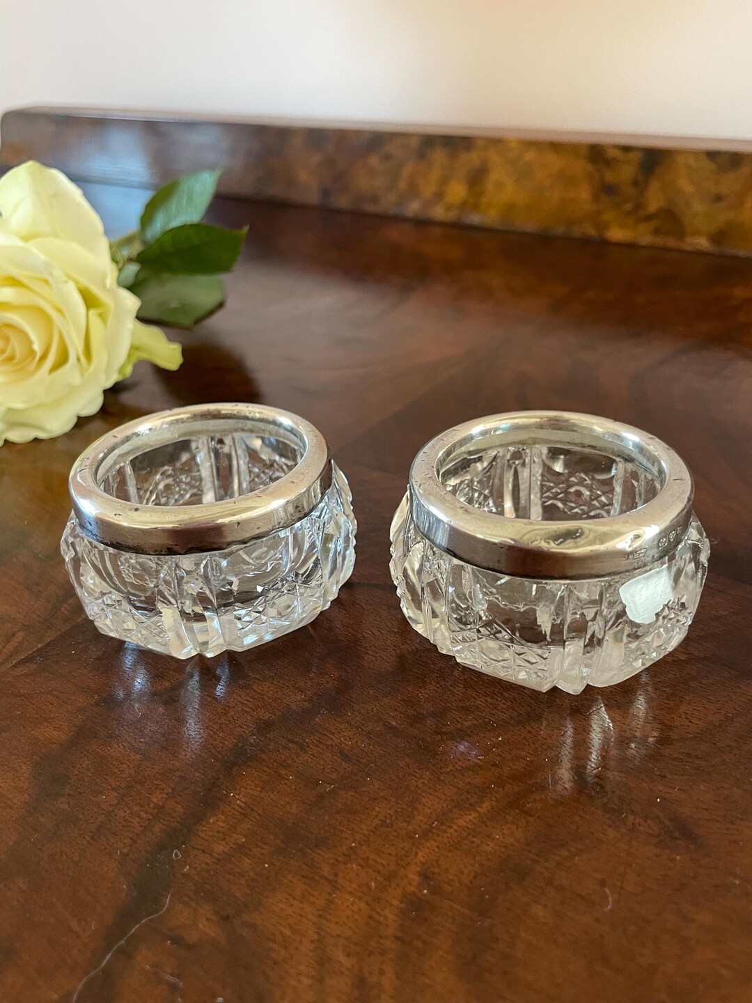 Pair of Silver Rimmed Glass Salts - Etsy