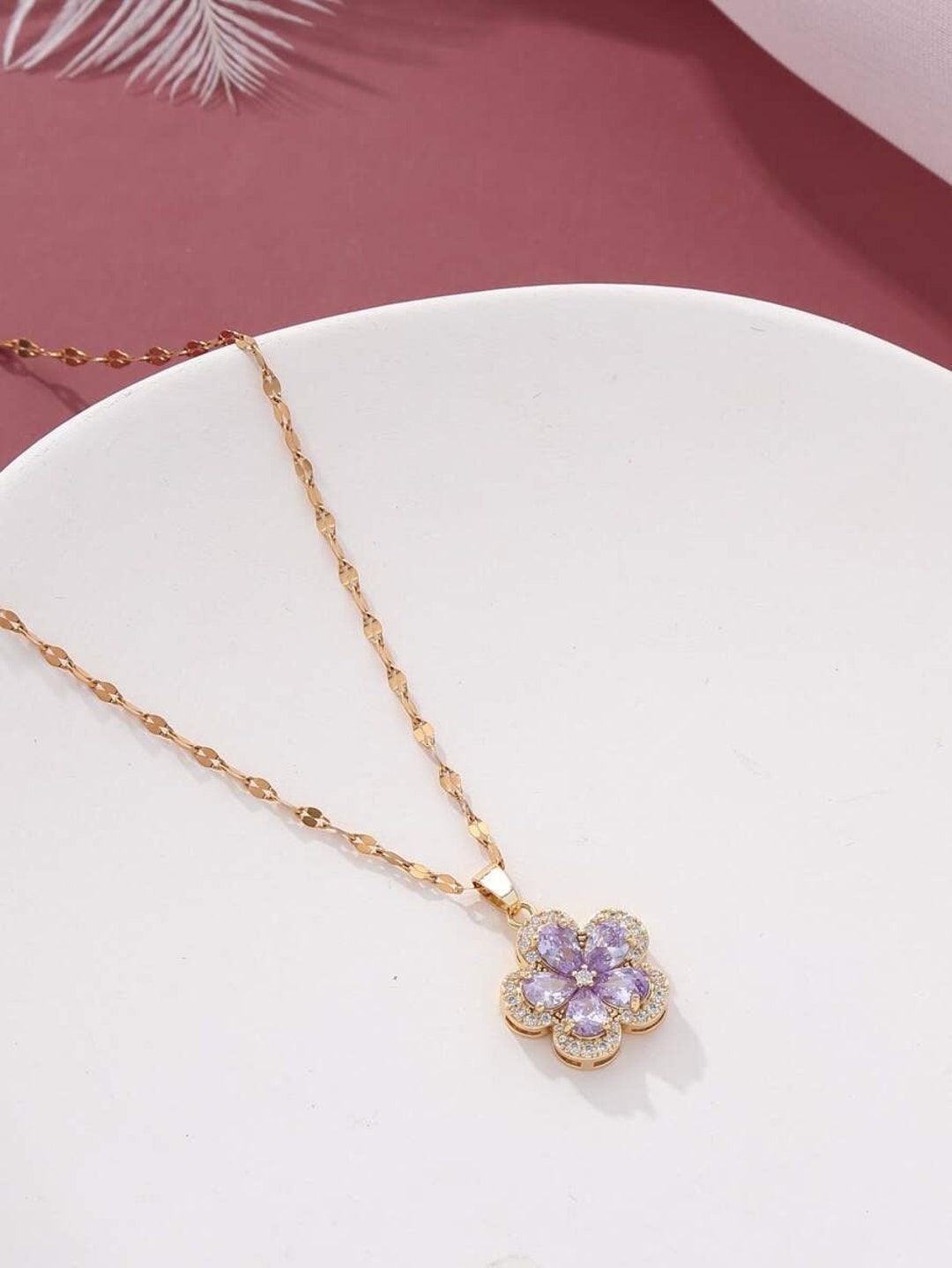 18k Gold Plated Tarnish Free Purple Flower Charm Necklace Etsy UK