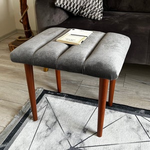 Velvet Ottoman Footstool, Make-up Bench - Dressing Table Stool, Vanity Stool - Padded Ottoman with Wood Legs