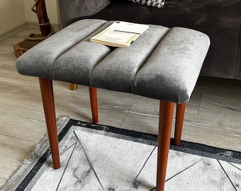 Velvet Ottoman Footstool, Make-up Bench - Dressing Table Stool, Vanity Stool - Padded Ottoman with Wood Legs