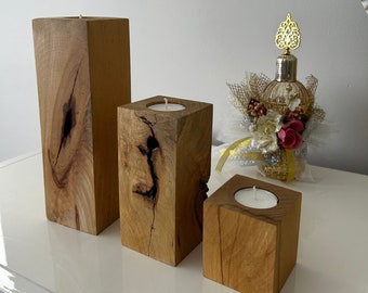 3 Pcs Candle Holder Set - Wooden Candle Holder - Rustic & Decorative Candle Holder