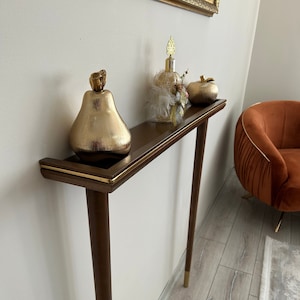 Narrow Wooden Console Table with Gold Detail Customsize Entryway Console Table Solid Wood Furniture image 1