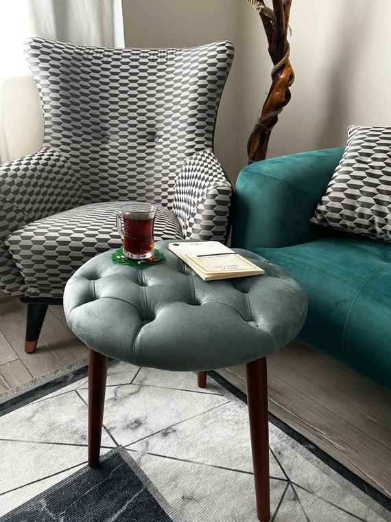 Velvet Upholstered Vanity Stool: Ottoman Pouf with Wood Legs